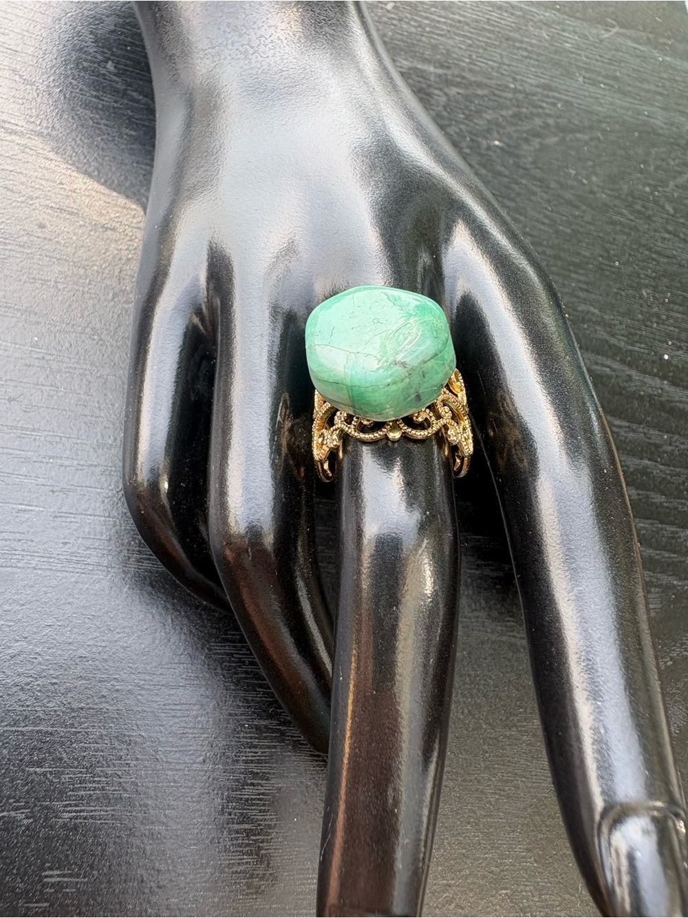 Adjustable Gold-Tone Filigree Ring with Green Gemstone - Picture 3 of 11